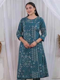 ARAMYA - Teal Soft Cotton A-Line Patchwork Print Kurta