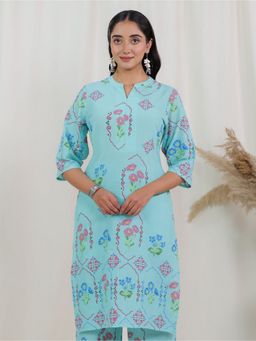 ARAMYA - Blue Soft Cotton Straight Floral Print Kurta