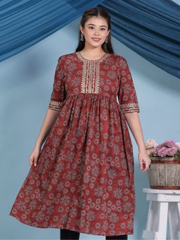 ARAMYA - Rust Soft Cotton Floral Print A-Line Kurta