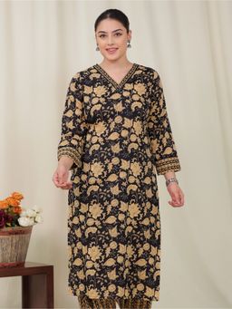 ARAMYA - Black Soft Cotton Straight Floral Print Kurta