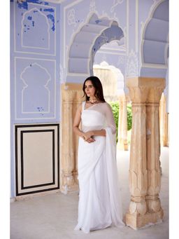 Geroo Jaipur - White Chiffon Embellished Mukaish Saree with Unstitched Blouse