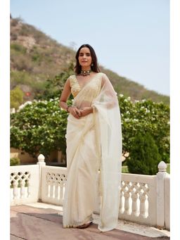 Geroo Jaipur - Pastel Cream Organza Handcrafted Saree with Unstitched Blouse