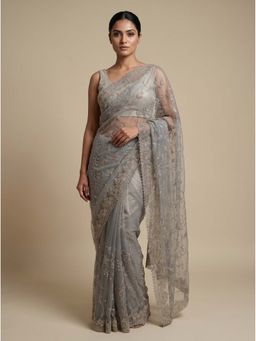 Dress & Dazzle - Silver Swaroski Grey Saree with Unstitched Blouse