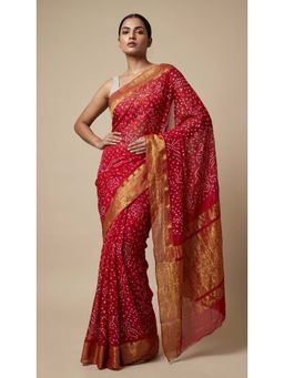 Dress & Dazzle - Coral Red Bandhini Saree with Unstitched Blouse