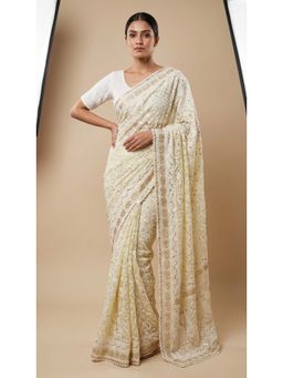 Dress & Dazzle - Light Lemon Chikankari White Saree with Unstitched Blouse