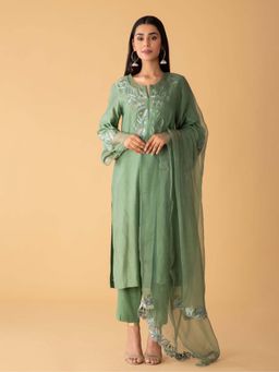Zeefaa - Breeze Chanderi Basil Green Kurta with Pant and Dupatta