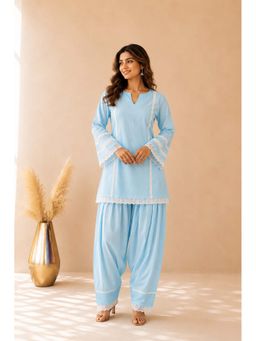 DEASHA INDIA - Arzu Blue Cotton Detailed Kurti with Salwar Pant