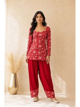 DEASHA INDIA - Faiza Cotton Block Printed Red Kurti with Salwar Pant