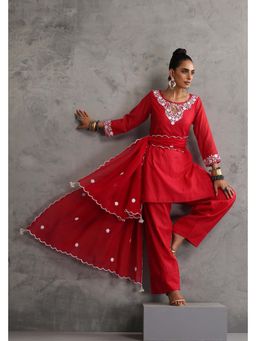 SUI KALA - Misri Red Embroidered Kurta and Salwar with Dupatta