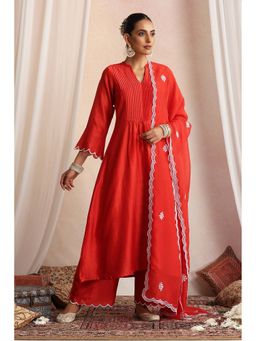 SUI KALA - Ashwatha Red Embroidered Pintex Kurta and Pant with Dupatta