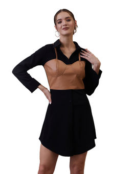 AAREIN - Black and Brown Shirt Collar A-Line Party Mini Dress