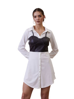 AAREIN - White and Black Shirt Collar A-Line Party Mini Dress