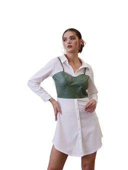 AAREIN - White and Green Shirt Collar A-Line Party Mini Dress