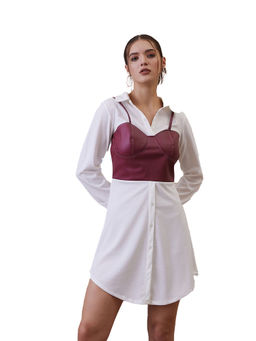 AAREIN - White and Wine Shirt Collar A-Line Party Mini Dress