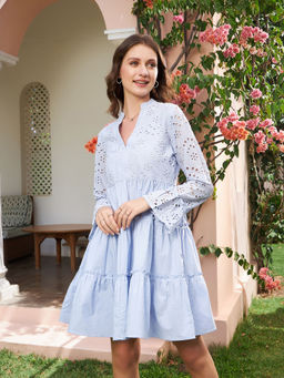 AAREIN - Blue Schiffli Tiered A-Line Cotton Dress