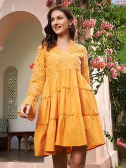 AAREIN - Mustard Schiffli Tiered A-Line Cotton Dress