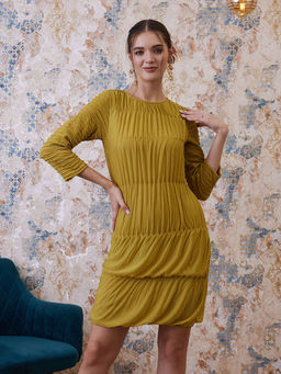 AAREIN - Mustard Self Design Round Neck Sheath Dress