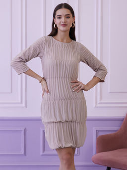 AAREIN - Beige Self Design Round Neck Sheath Dress