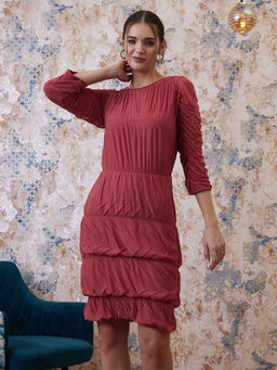 AAREIN - Rust Self Design Round Neck Sheath Dress