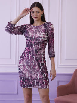 AAREIN - Pink and White Printed Round Neck Sheath Dress
