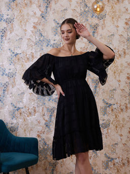 AAREIN - Black Checked Off Shoulder Flared Sleeves Chiffon A-Line Dress