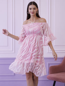 AAREIN - Pink Self Design Off Shoulder Chiffon A-Line Dress