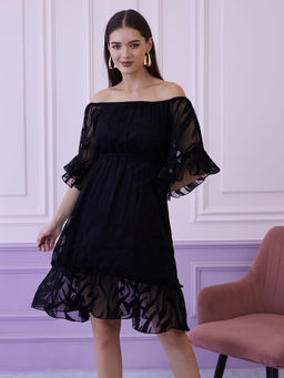 AAREIN - Black Self Design Off Shoulder Chiffon A-Line Dress