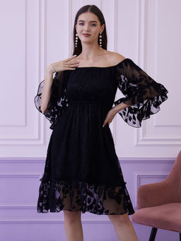 AAREIN - Black Leaf Self Design Chiffon A-Line Dress