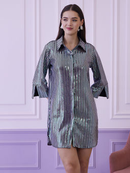 AAREIN - Black- Silver Toned Embellished Shirt Mini Dress