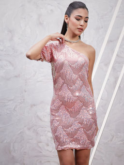 AAREIN - Pink Embellished Sequence Sheath Mini Dress
