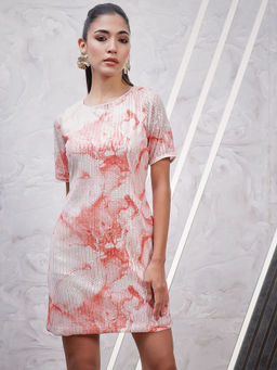 AAREIN - Rust Round Neck Sequined Net Sheath Dress