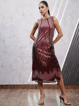 AAREIN - Maroon Embellished Sleeveless Sheath Dress