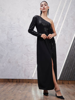 AAREIN - Black Embellished One Shoulder Maxi Dress