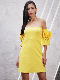AAREIN - Yellow Solid Off Shoulder Corsage Sheath Dress