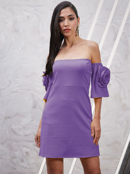 AAREIN - Lavender Solid Off Shoulder Corsage Sheath Dress