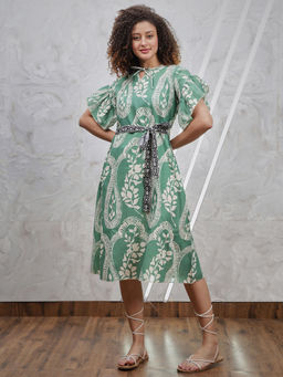 AAREIN - Green Printed Linen A-Line Dress