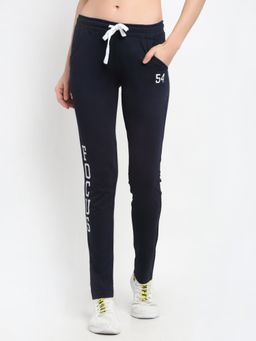 Club York - Women Navy Blue White Typography Printed Straight-Fit Track Pants