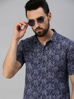 SHOWOFFFF - Men Casual Cotton Printed Slim Fit Shirts-blue