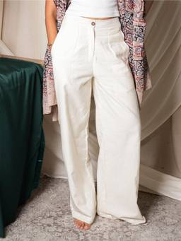 NISHORAMA - Women Off White Solid/Plain Cotton Linen Pant