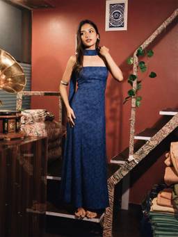 NISHORAMA - Women Blue Floral Pure Cotton Dress with Scarf