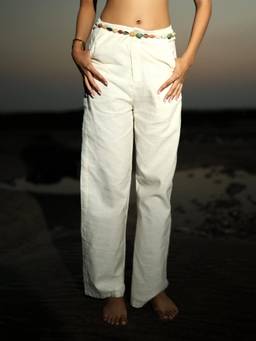 NISHORAMA - Women Off White Solid/Plain Cotton Linen Blend Pant