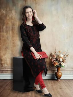 ADA - Hand Embroidered Black/ Red Cotton Lucknow Chikankari Kurta With Churidar (Set of 2) [A811171]