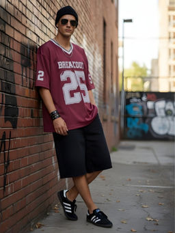 PRONK - Men Oversized Varsity Maroon T-Shirt