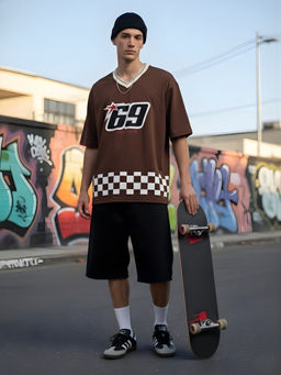 PRONK - Men Oversized Varsity Brown T-Shirt