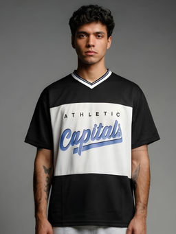PRONK - Men Black Oversized Varsity T-Shirt