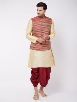 Vastramay - Mens Gold & Maroon Silk Blend Jacket, Kurta with Dhoti (Set of 3)