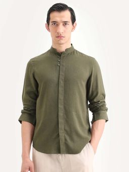 Rare Rabbit - Olive Linen Blend Full Sleeves Shirt