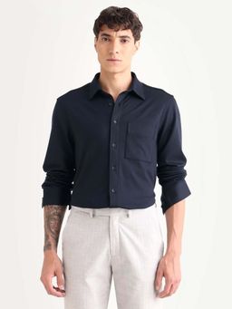 Rare Rabbit - Navy Blue Polyester Blend Full Sleeves Shirt