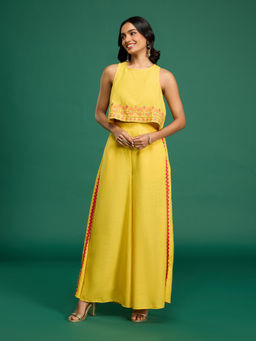 Gajra Gang - Casa Mexicana Yellow Linen Embroidered Top & Palazzo