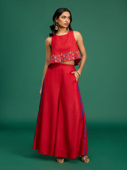 Gajra Gang - Casa MexicanaRed Linen Embroidered Top & Palazzo